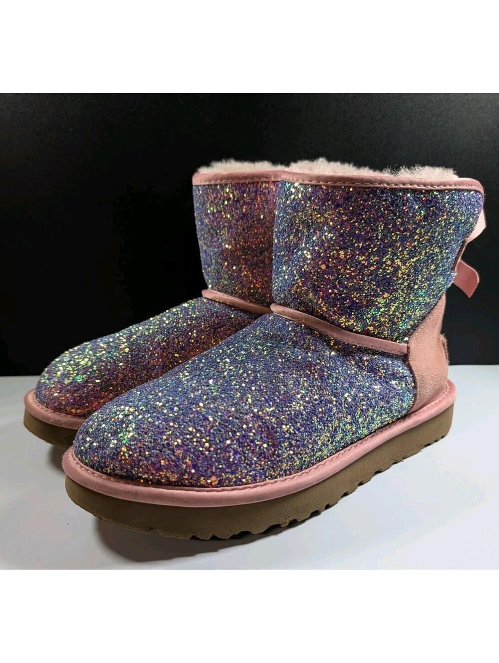 UGG Womens 7 Pink Purple Classic Mini Stellar Sequin Glitter Boots Bow Sheepskin